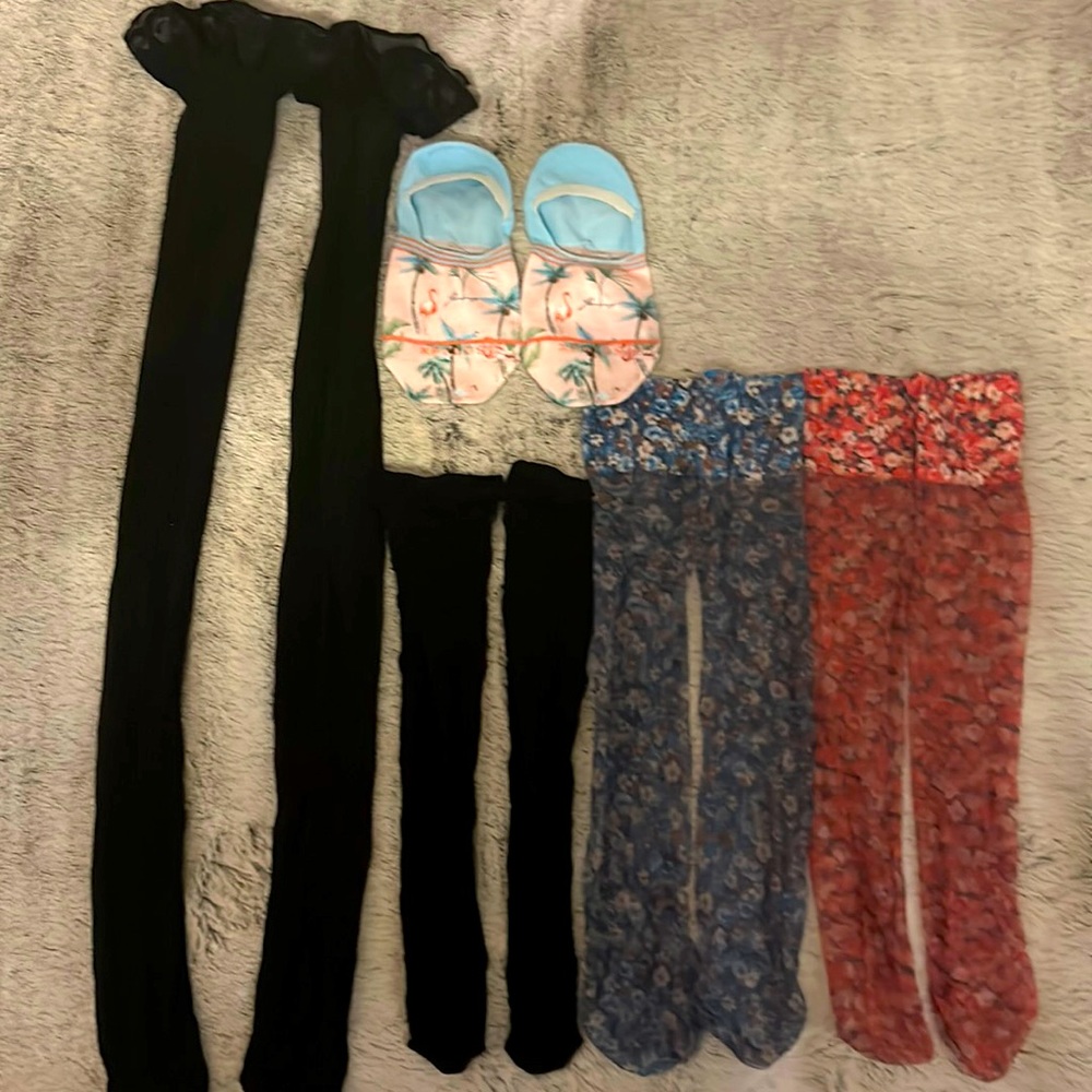 Never worn stay up thigh highs, stockings for garter belt, knee highs, slippers.